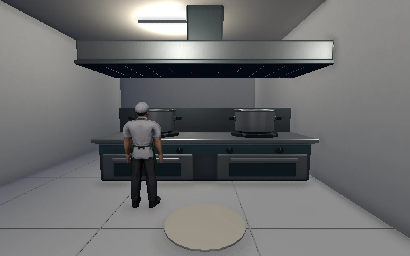 Cuplikan dalam game: aktivitas memasak di dapur SPPG pada malam hari